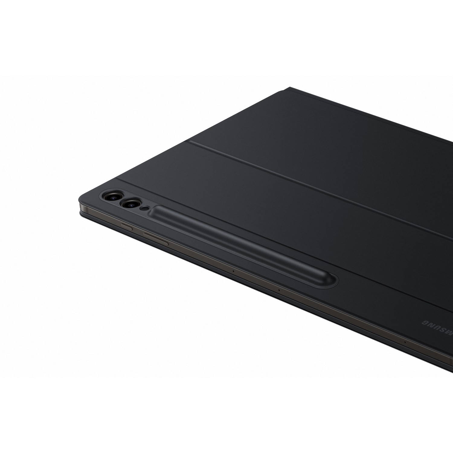 Black tablet with a cover and a pen, Samsung brand is visible on the side.