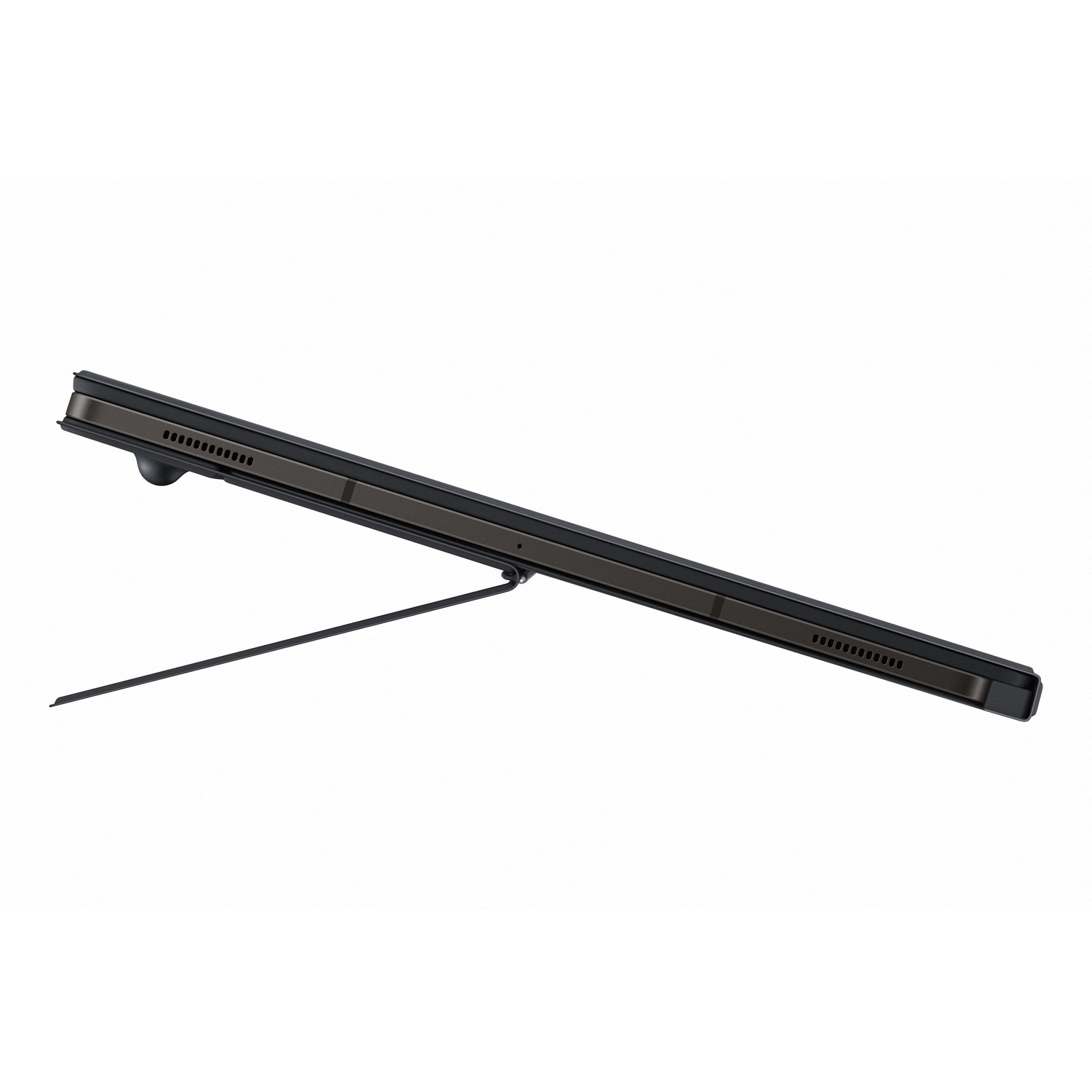 A tablet, angled, with a kickstand. The screen is black, and the tablet is dark.