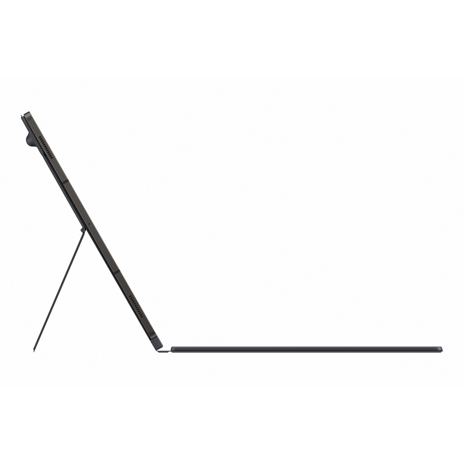 A tablet with a kickstand, tilted at an angle.