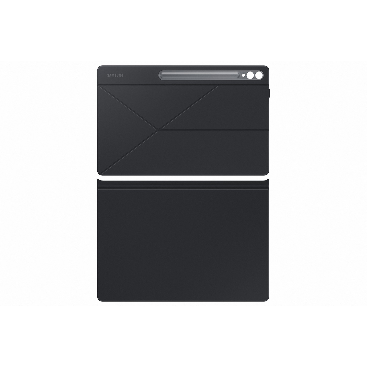 Housse de tablette noire, pliée, avec logement pour stylo. La partie inférieure est une couverture plate.