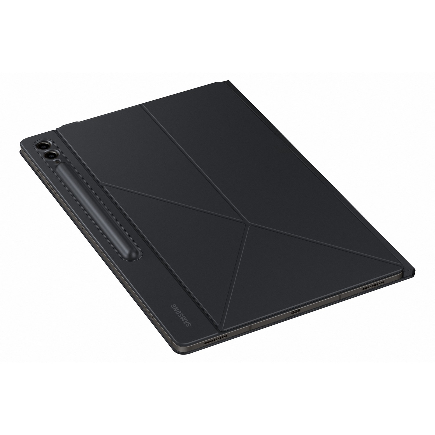 Une tablette noire avec une housse noire, vue latérale.