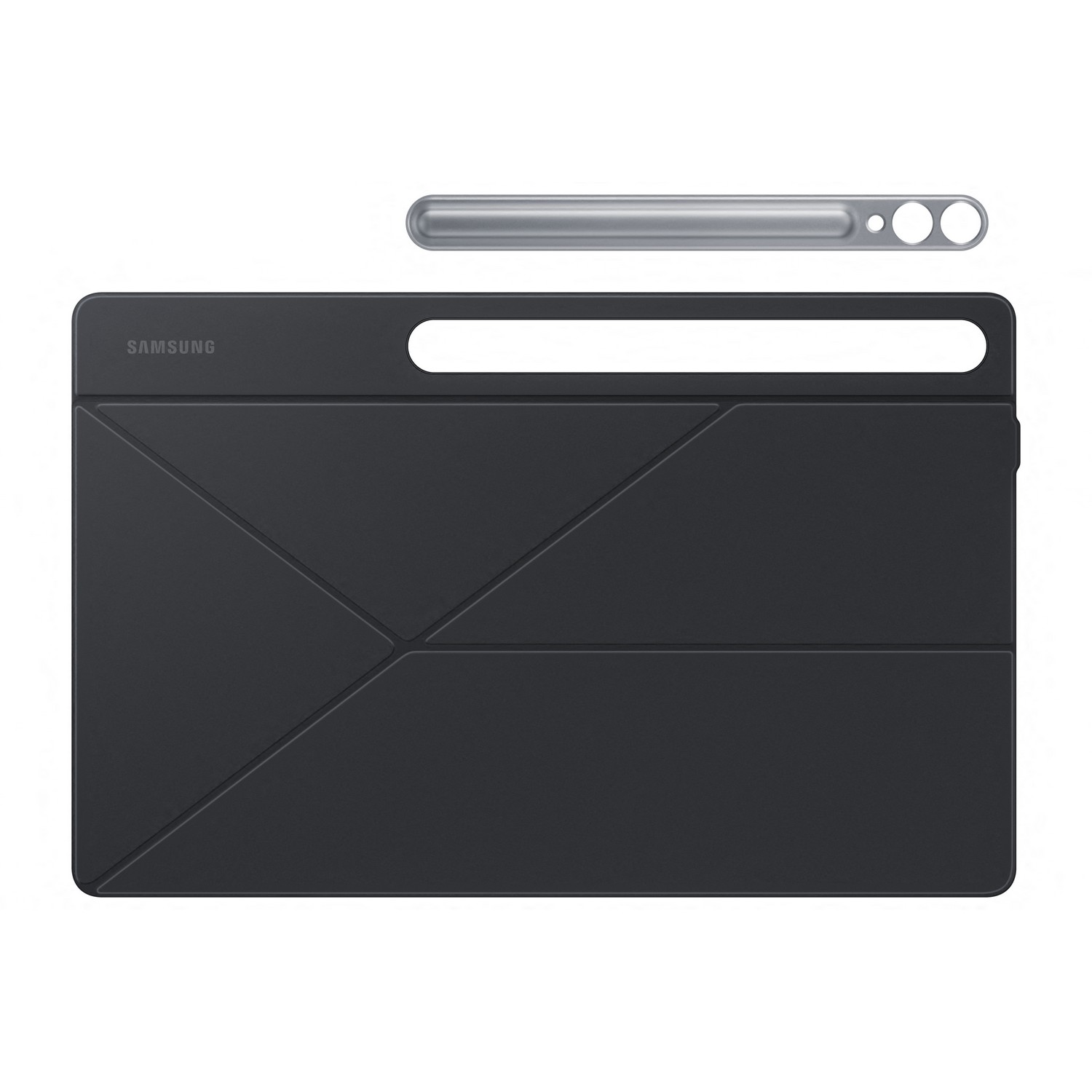 Étui de tablette noir avec stylet argenté sur le dessus. Fond blanc.