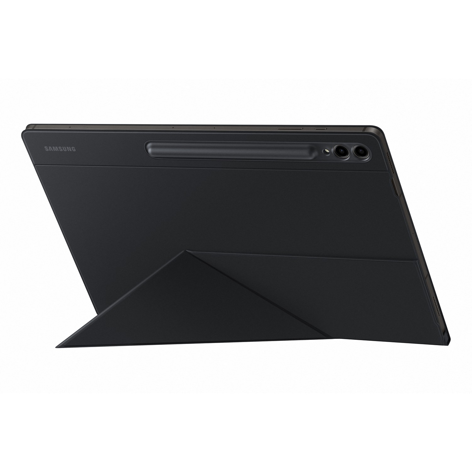 Tablette noire avec un étui qui se plie en support, sur fond blanc.