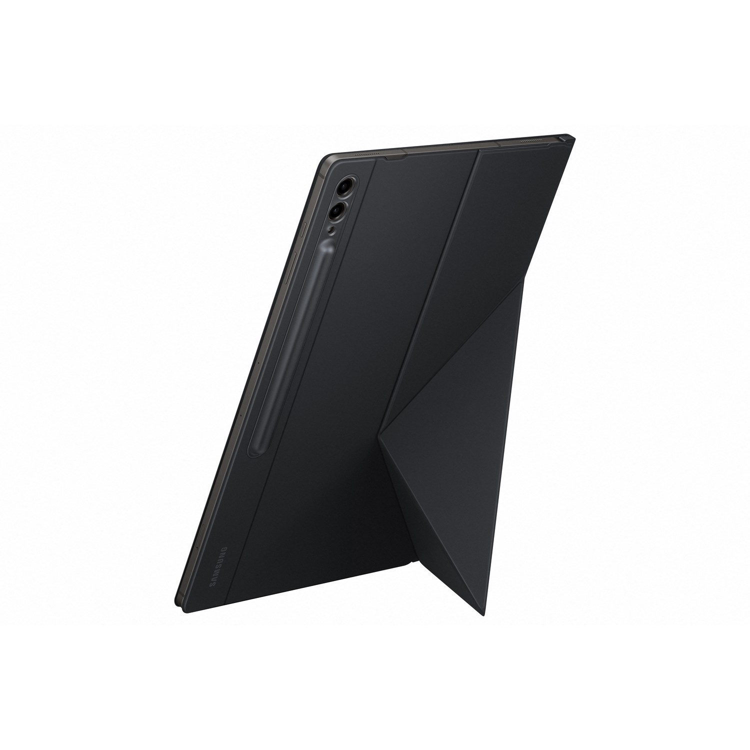 Une tablette noire avec un étui, en angle sur fond blanc.
