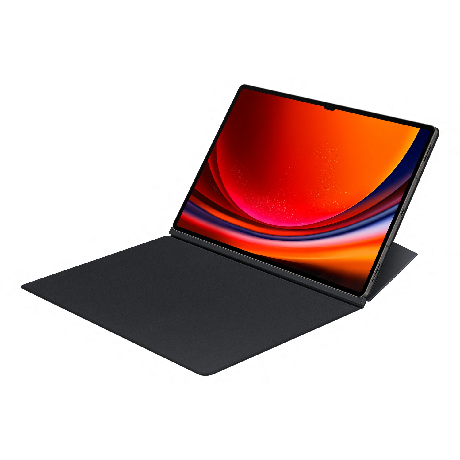 Tablette noire avec clavier. L'écran affiche des stries rouges et colorées. Fond blanc.