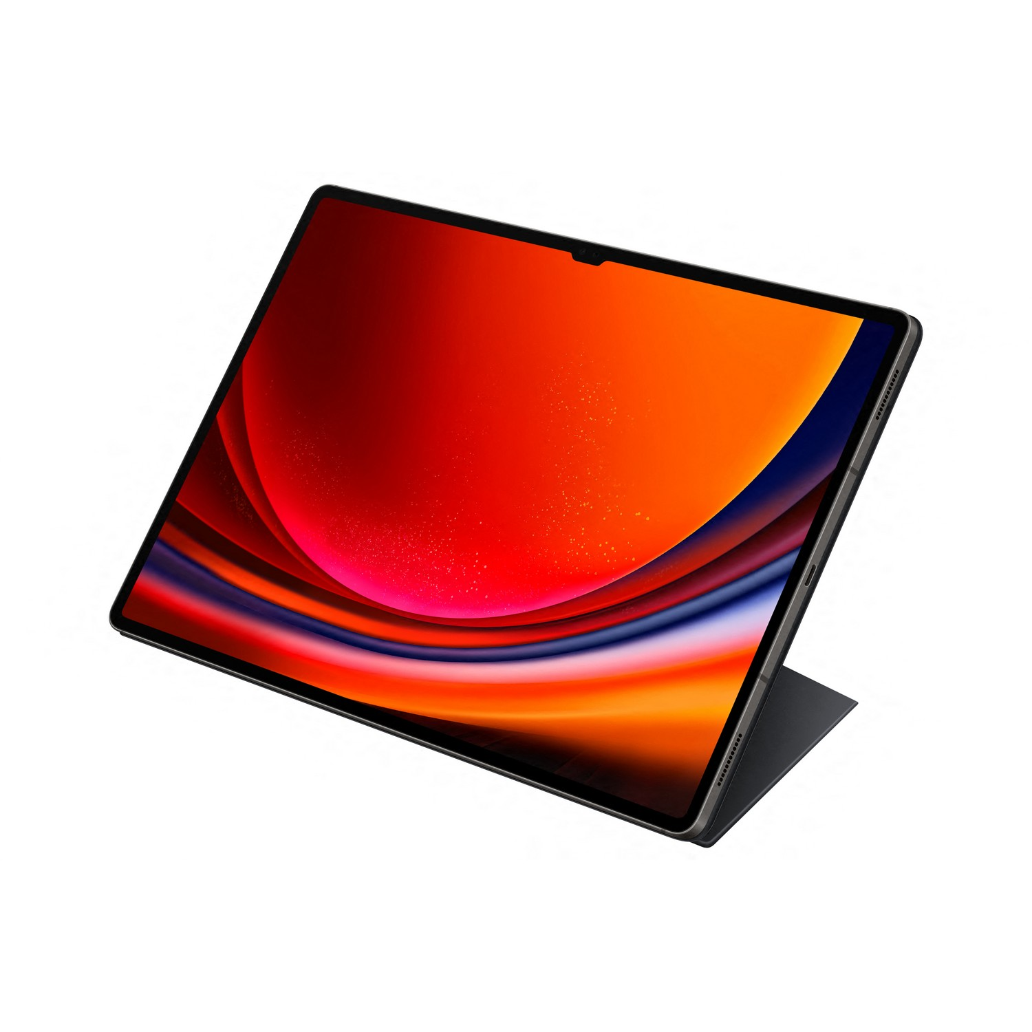 Une tablette avec un écran rouge et orange posée sur un support.