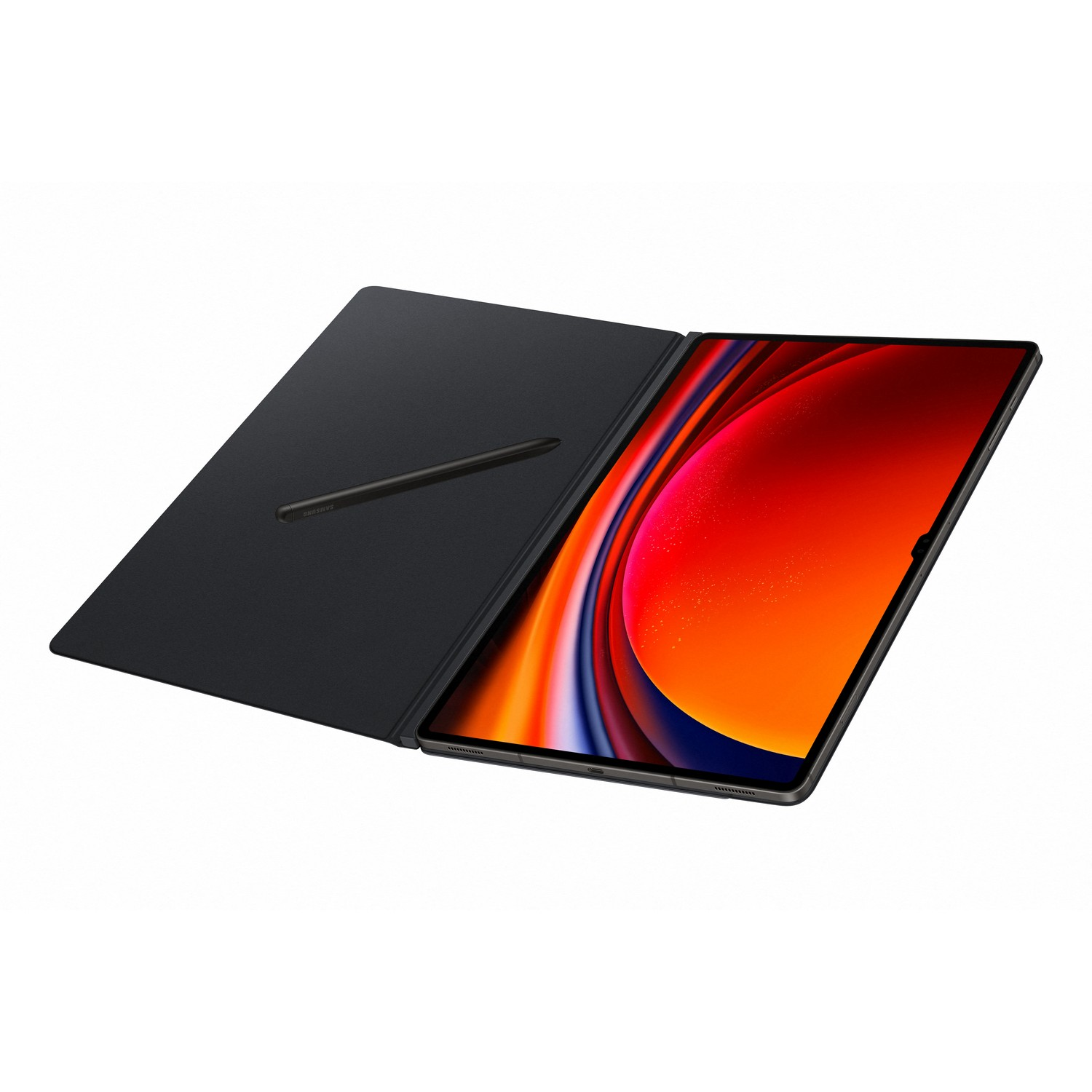 Tablette noire avec étui ouvert et stylet.