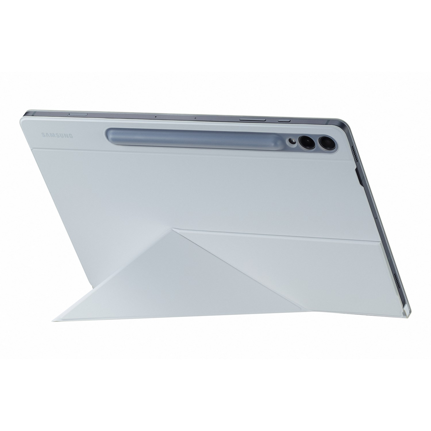 Tablette blanche avec étui. L'étui a un support et couvre l'arrière. Un stylet est fixé en haut.