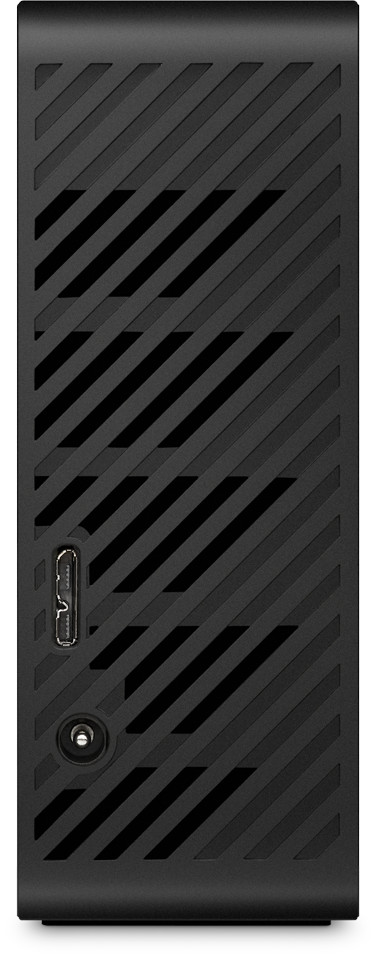 Tour d'ordinateur noire, verticale avec des évents et des ports. Lignes diagonales. Fond blanc.