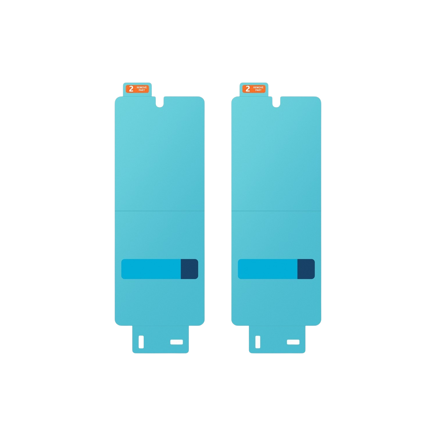 Deux protecteurs d'écran bleu clair, avec une languette orange et une bande bleu foncé.