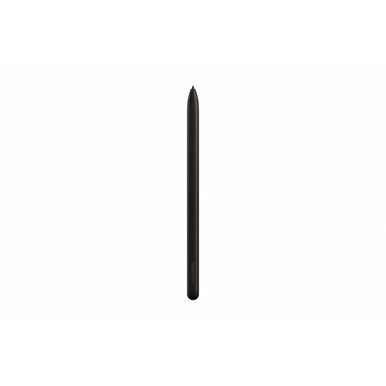Black stylus pen on a white background. Samsung branding on the pen.
