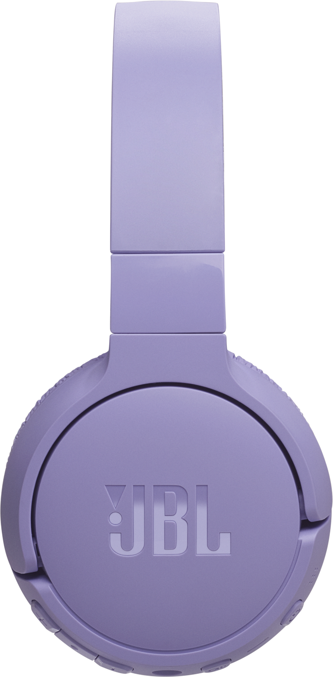 Casque JBL violet, vue de face. Les oreillettes sont rondes avec le logo JBL.