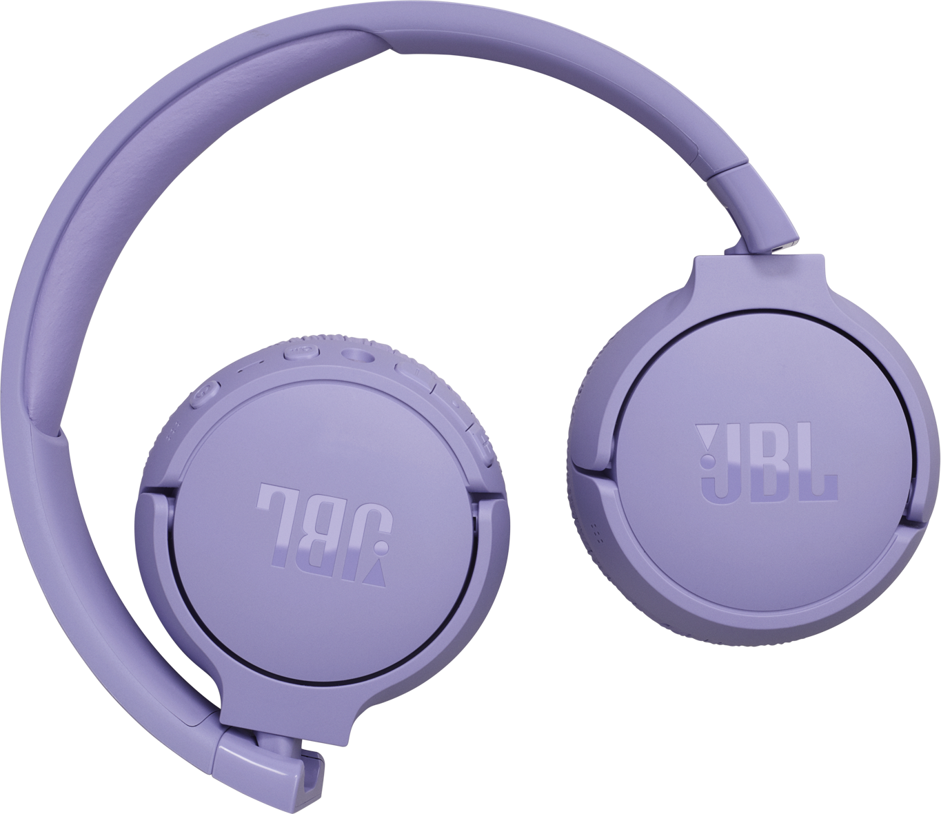 Casque JBL violet, plié, sur fond blanc.