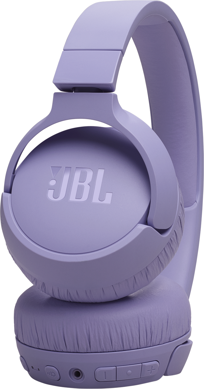 Une paire d'écouteurs JBL violets, isolés sur fond blanc.