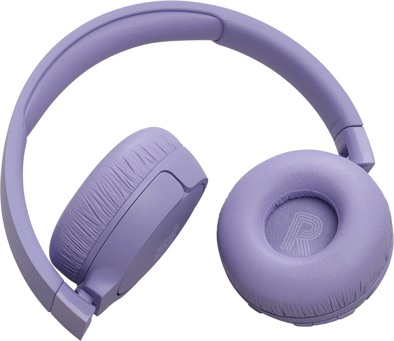 Casque violet. Un écouteur est ouvert, l'autre plié. Sur fond blanc.