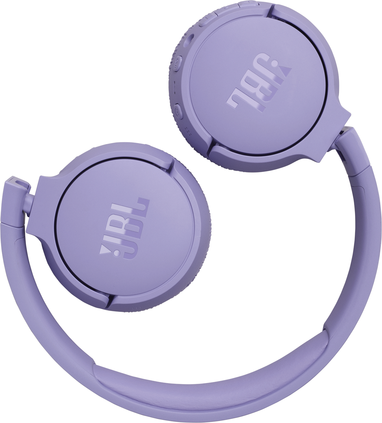 Casque JBL violet, plié. Les écouteurs sont circulaires. Fond blanc.