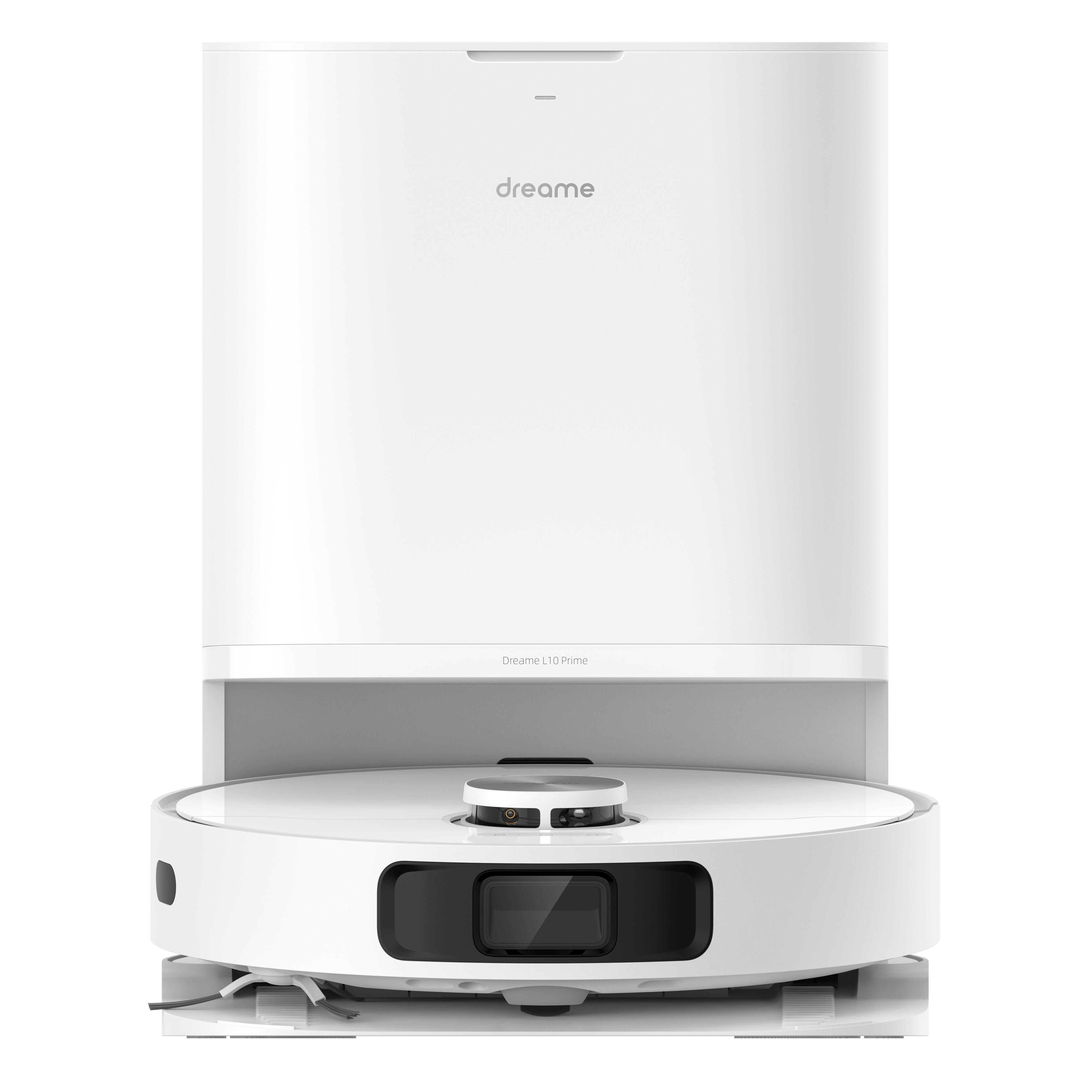 Weißer Roboter-Staubsauger mit Ladestation. Dreame-Logo ist sichtbar.
