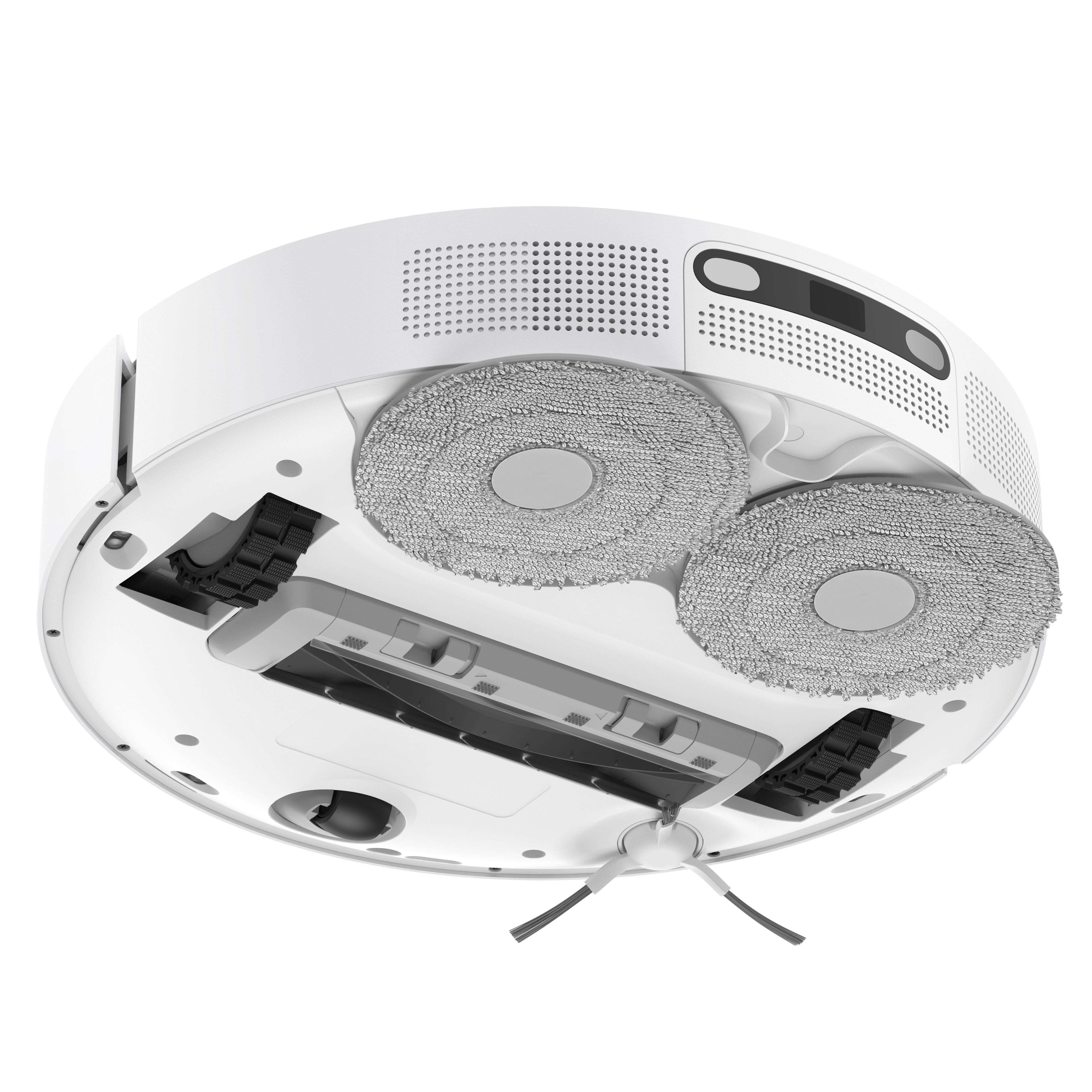Weißer, runder Roboter-Staubsauger. Unteransicht mit Bürsten und Reinigungspads.