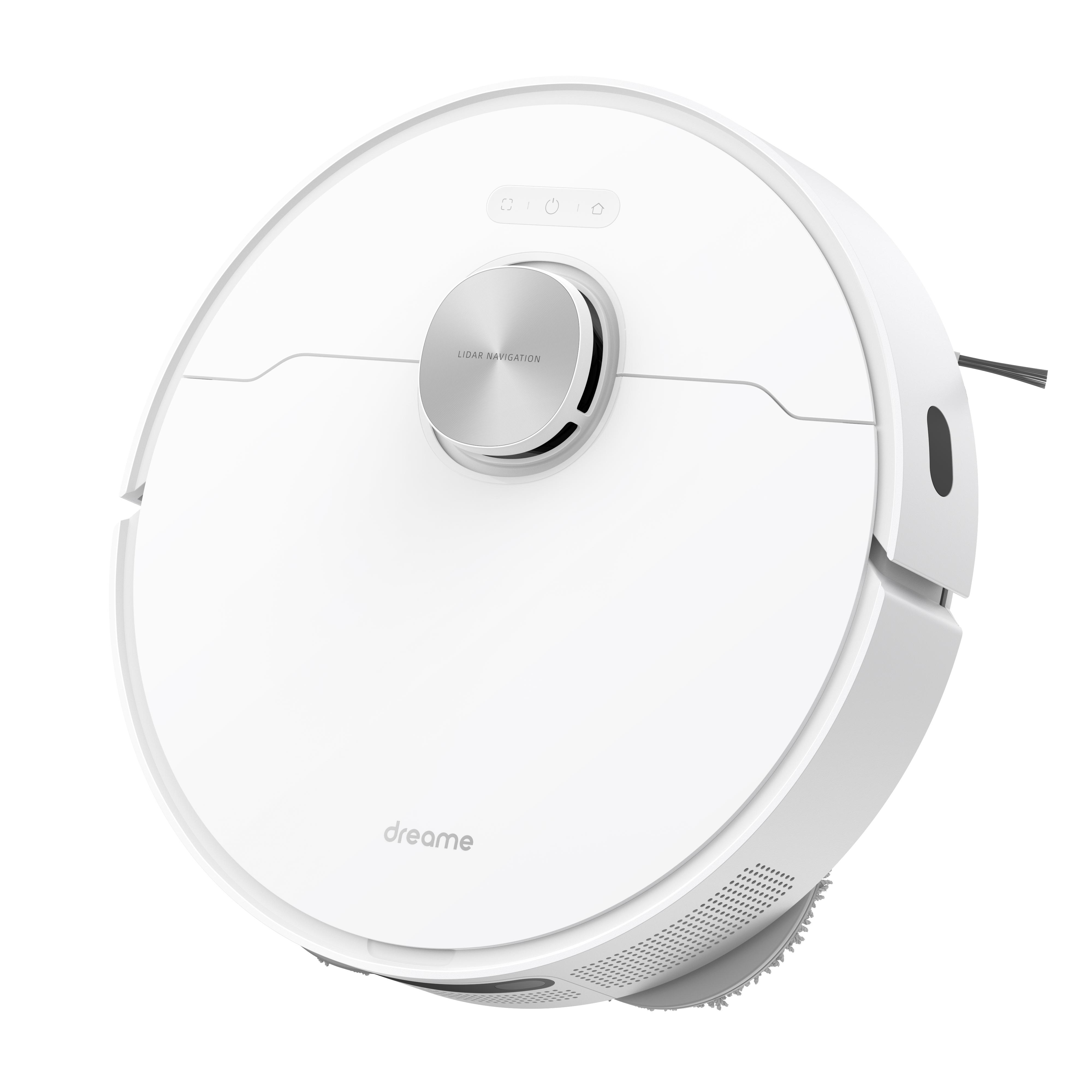 Weißer, runder Roboter-Staubsauger mit silbernem Oberteil, schwarzer Bürste und Knöpfen. Weißer Hintergrund.