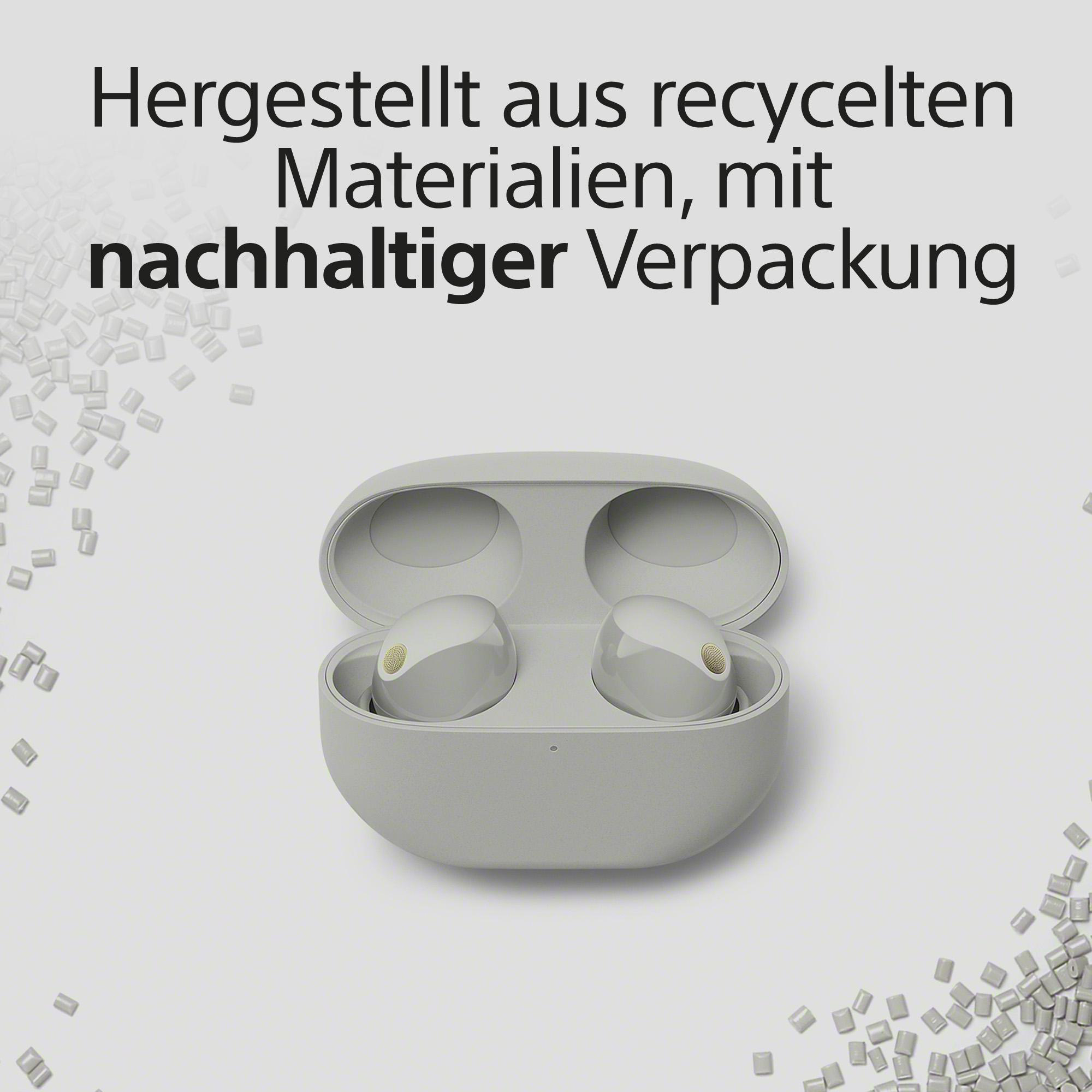 Offene graue Kopfhörerhülle. Text: Hergestellt aus recycelten Materialien, nachhaltige Verpackung.