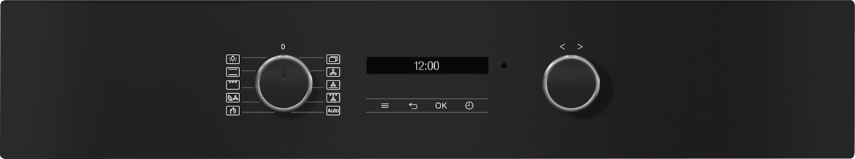 Schwarze Ofenfront mit Knöpfen, Anzeige 12:00 und Symbolen.
