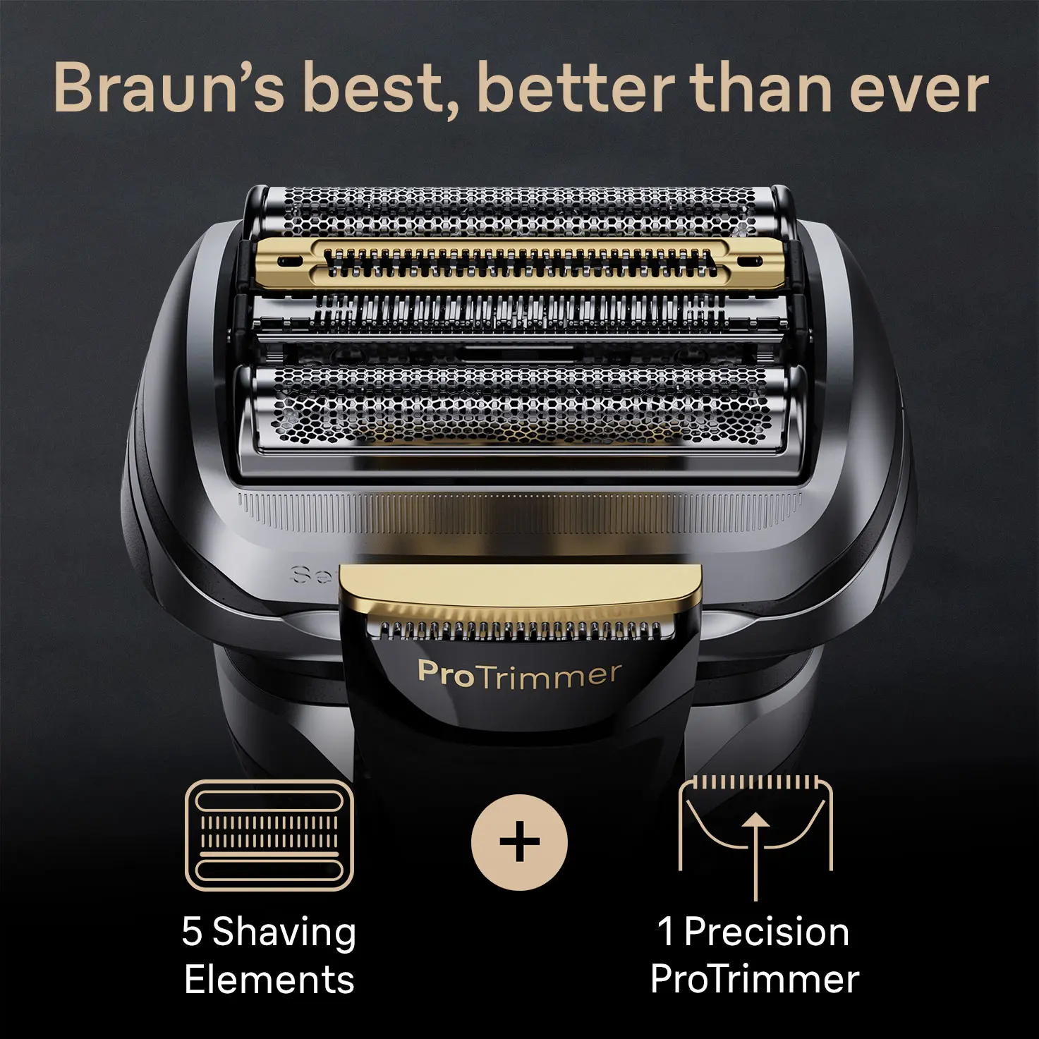 Nahaufnahme eines Rasiererkopfes mit Klingen und den Worten "ProTrimmer" und "5 Shaving Elements".
