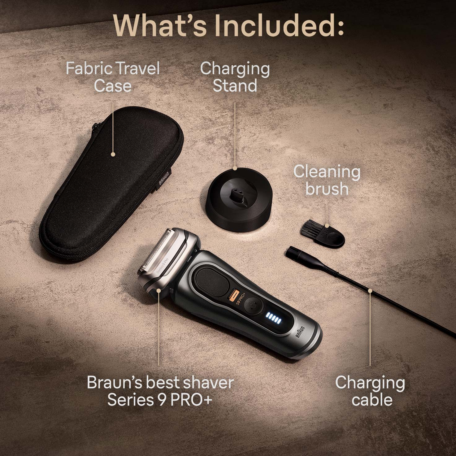Rasoio Braun Series 9 PRO+, base di ricarica, custodia, spazzola e cavo.