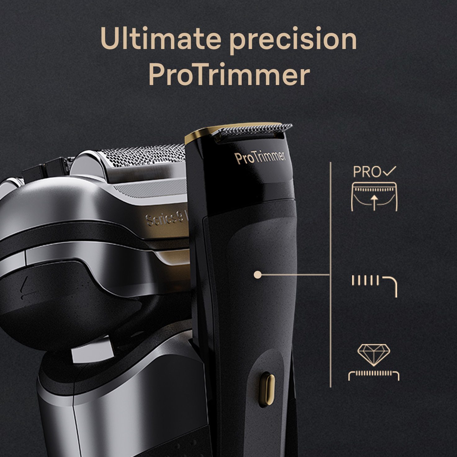 Primo piano di un rasoio nero e argento. La testina ProTrimmer è mostrata con testo.