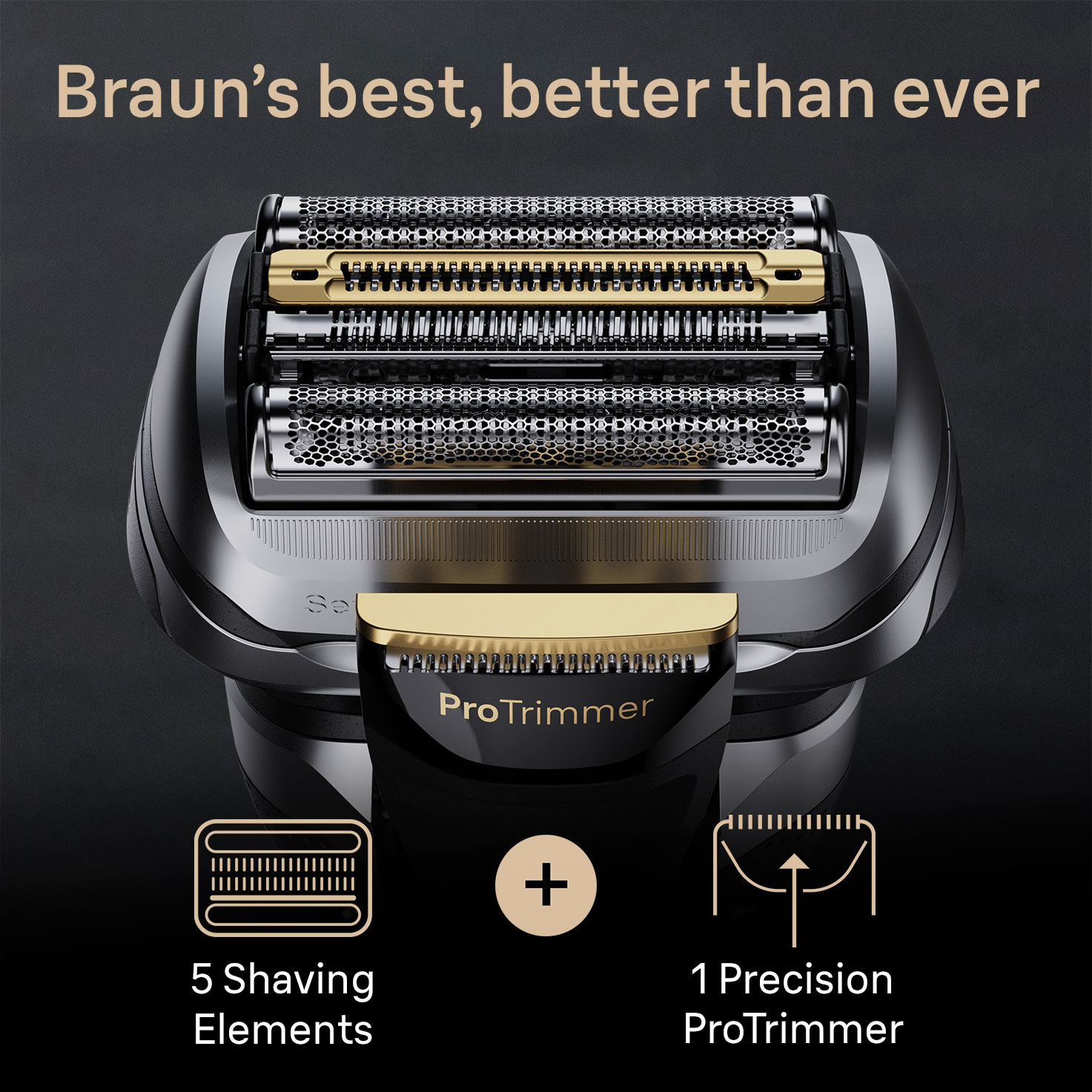Primo piano di una testina del rasoio Braun con 5 elementi di rasatura e un ProTrimmer, con icone.