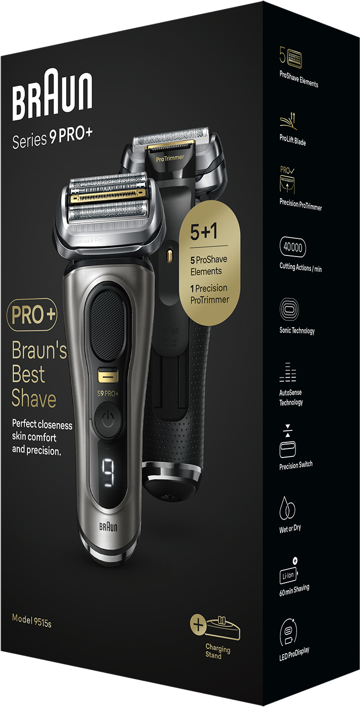 Scatola di un rasoio Braun Series 9 Pro+, che mostra due rasoi e caratteristiche su sfondo nero.