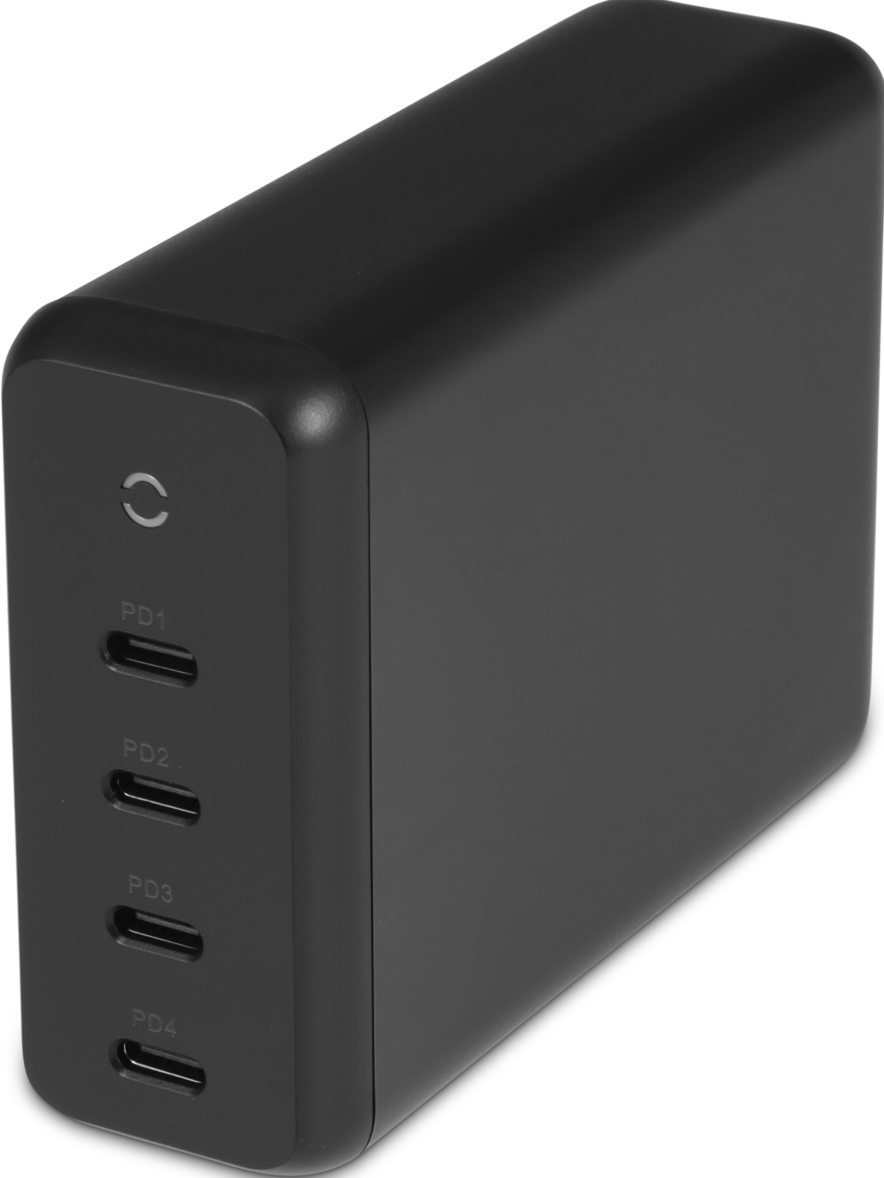 Caricatore nero con 4 porte USB-C.