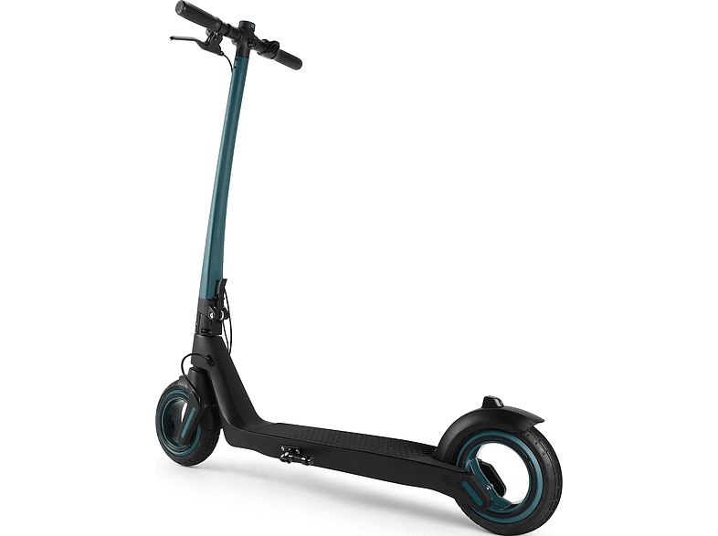 Elektromos robogó, türkiz és fekete, szögletes nézet, fehér háttér. Modern design, fekete kerekek.