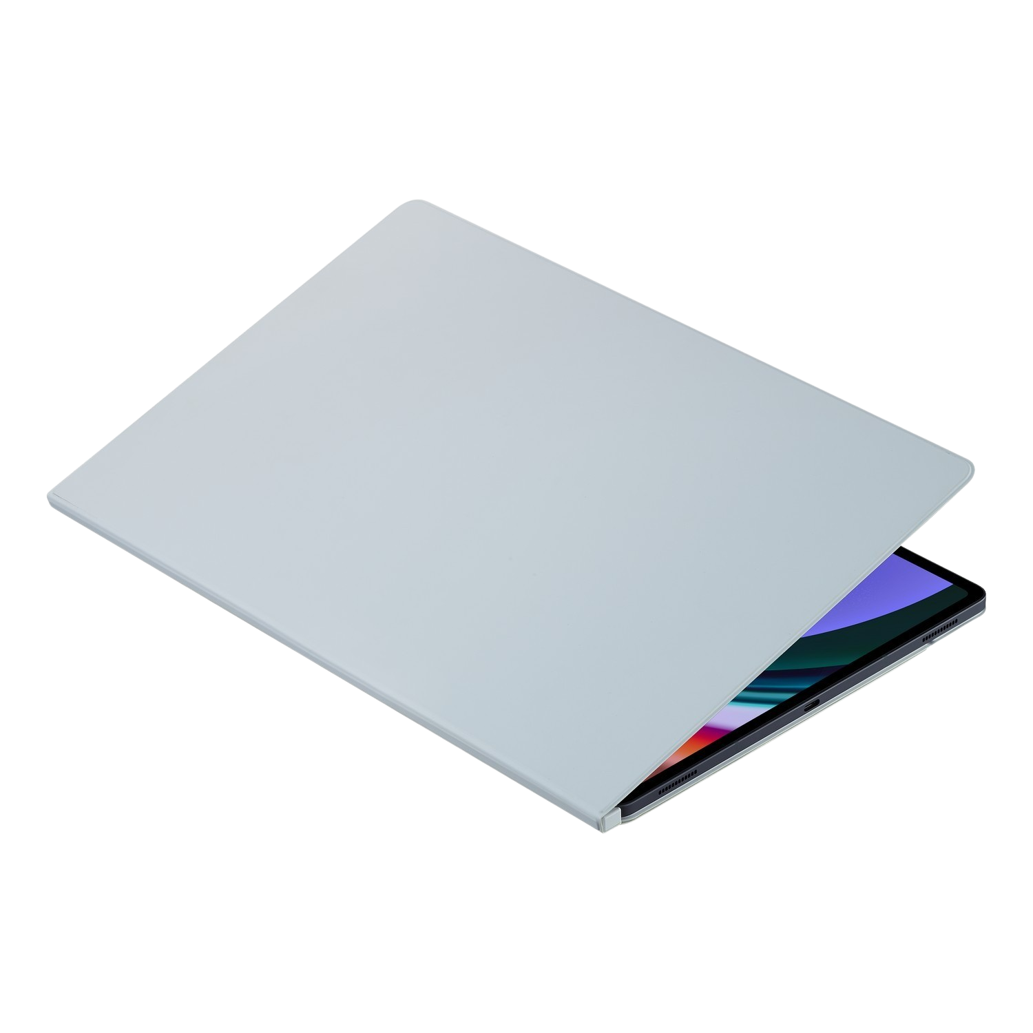 Laptop met een lichtblauwe klep, iets geopend. Het scherm toont een kleurrijke afbeelding.