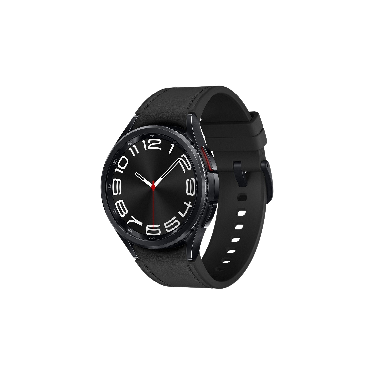 Zwarte smartwatch met zwarte leren band. Genummerde wijzerplaat, rode secondewijzer.