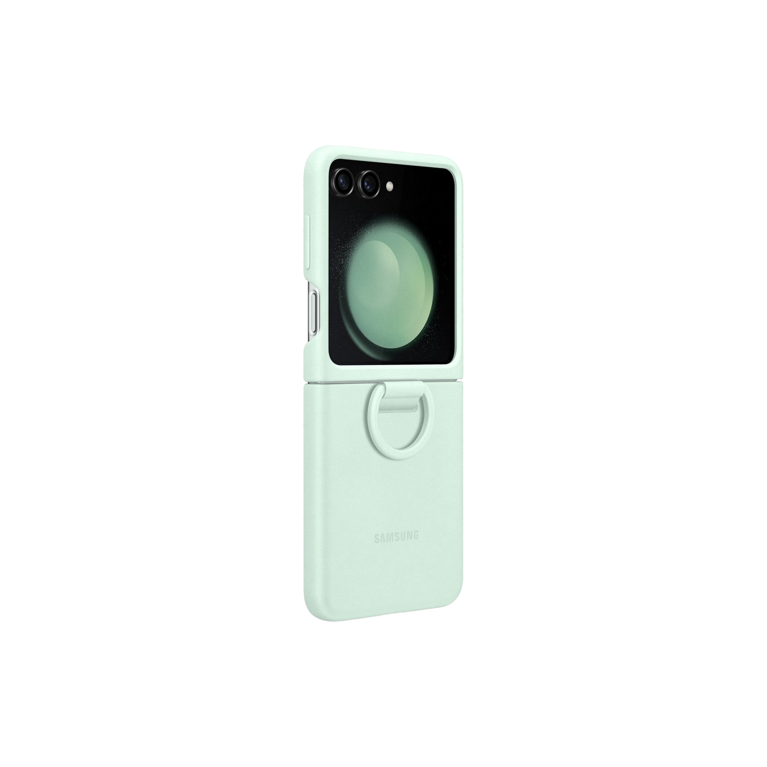 Een mintgroene Samsung Galaxy Z Flip telefoon in een hoesje met een ring. Het scherm staat aan.