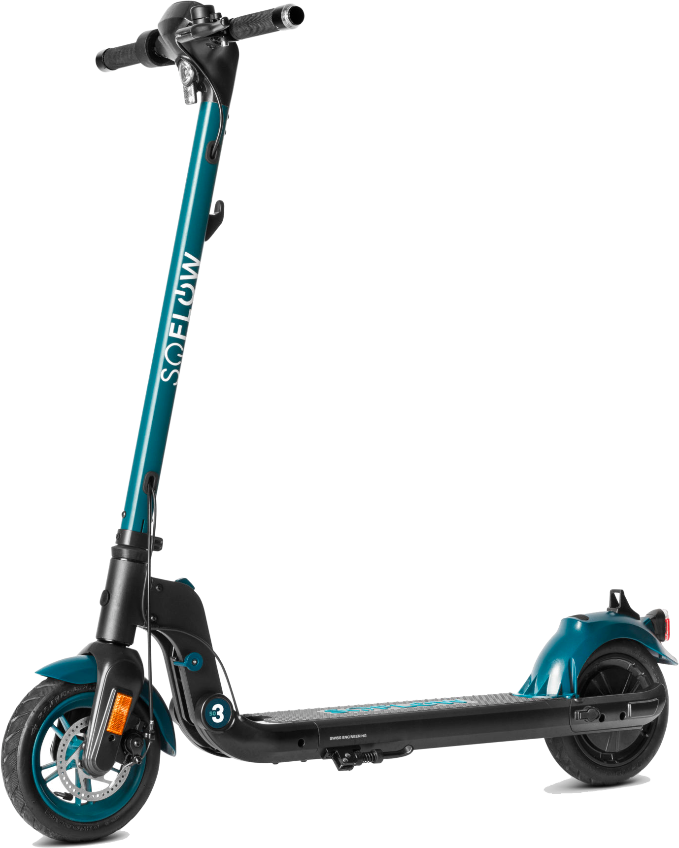 Türkiz elektromos roller fekete deszkával. A 'SOFLOW' logó a szárán.