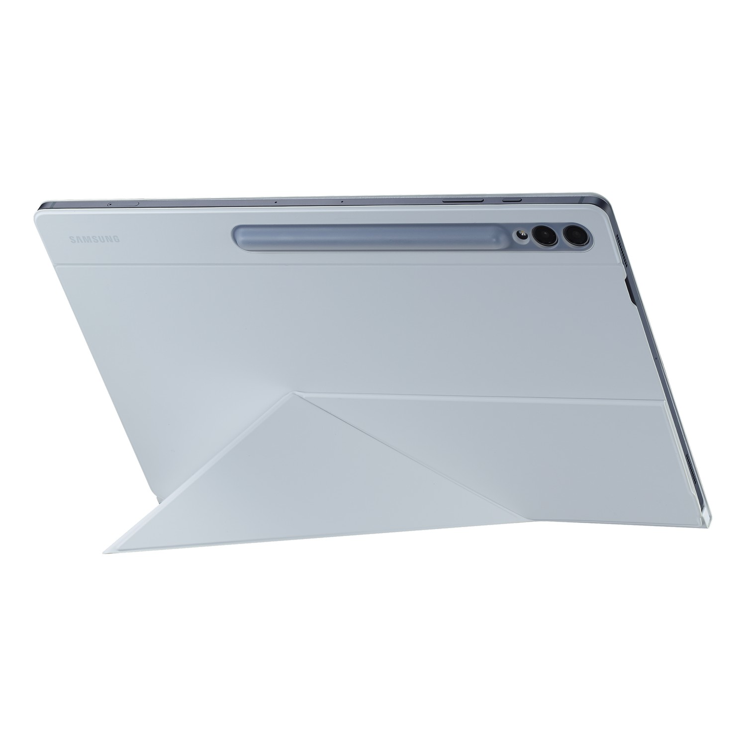 Lichtgrijze Samsung tablet en cover. De cover is opgevouwen tot een standaard, witte achtergrond.