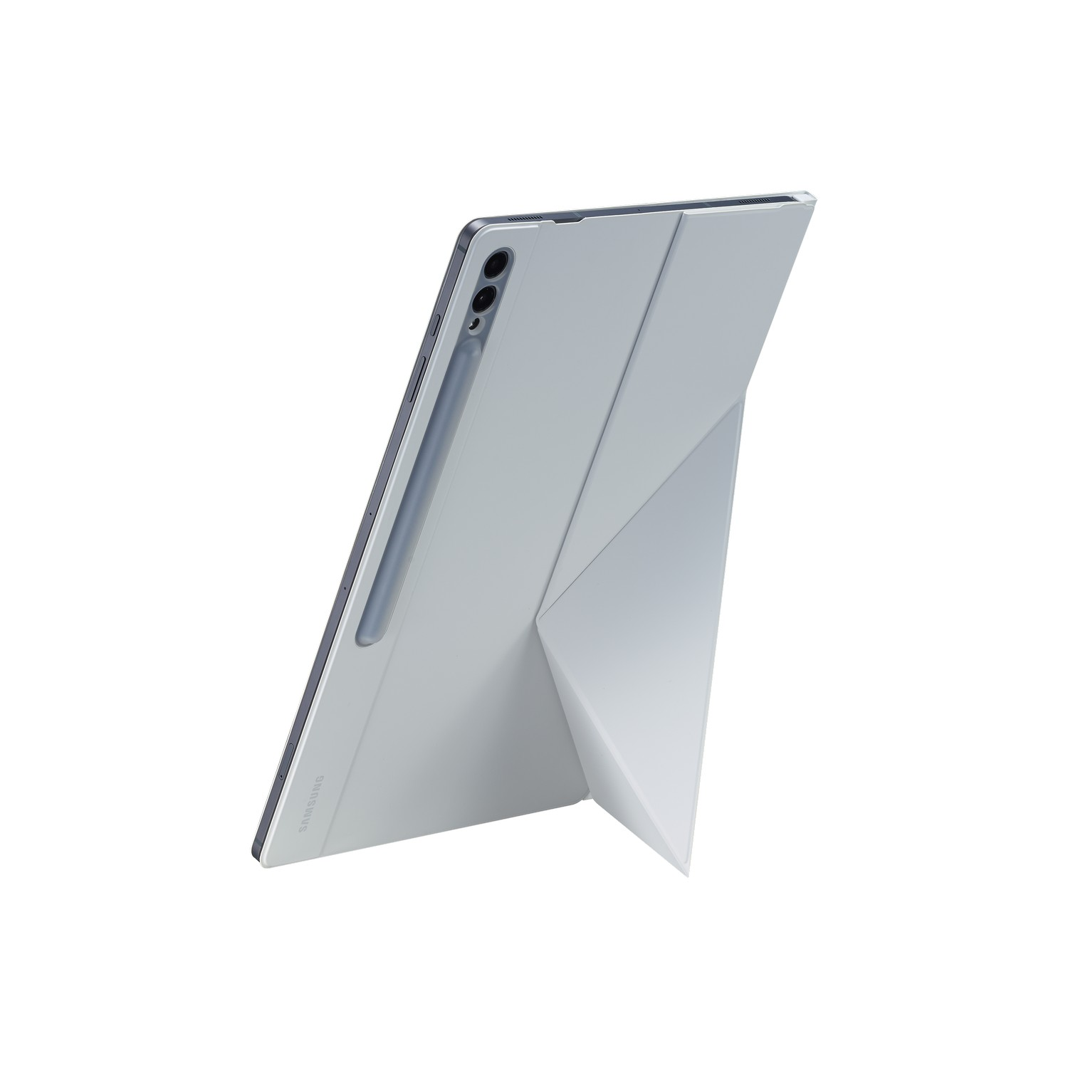 Witte tablet met pen in een opgevouwen hoes, schuine weergave. Toont camera's boven.
