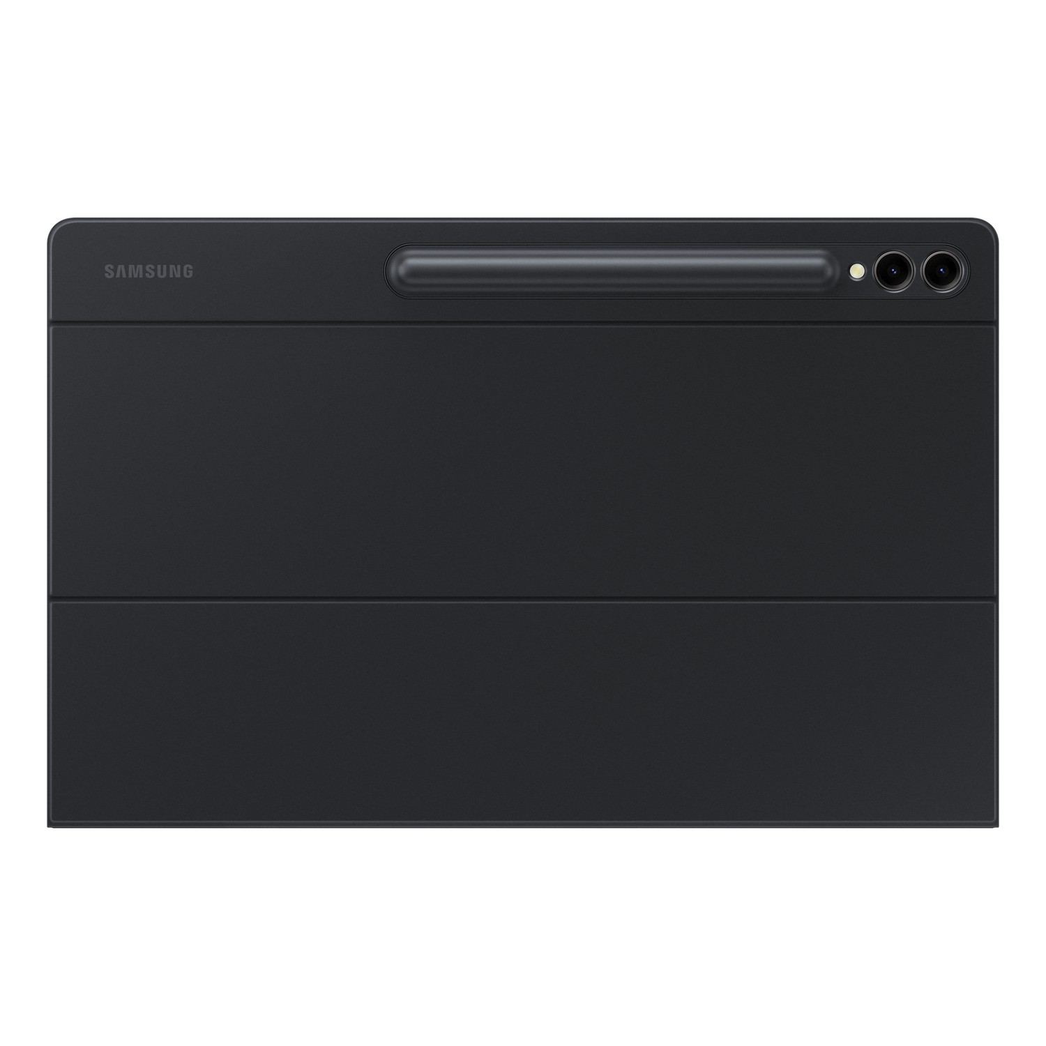 Black Samsung tablet cover with stylus holder and camera lenses.
