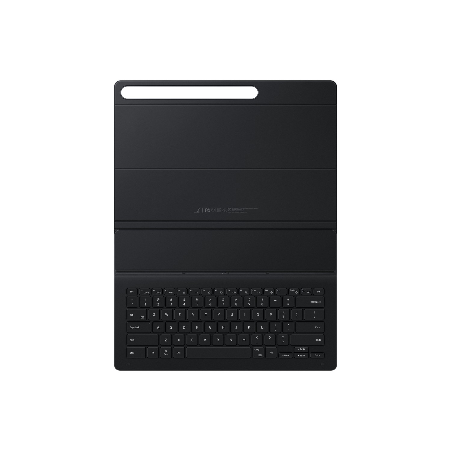 Black tablet keyboard cover with QWERTZ layout and a slot at the top.