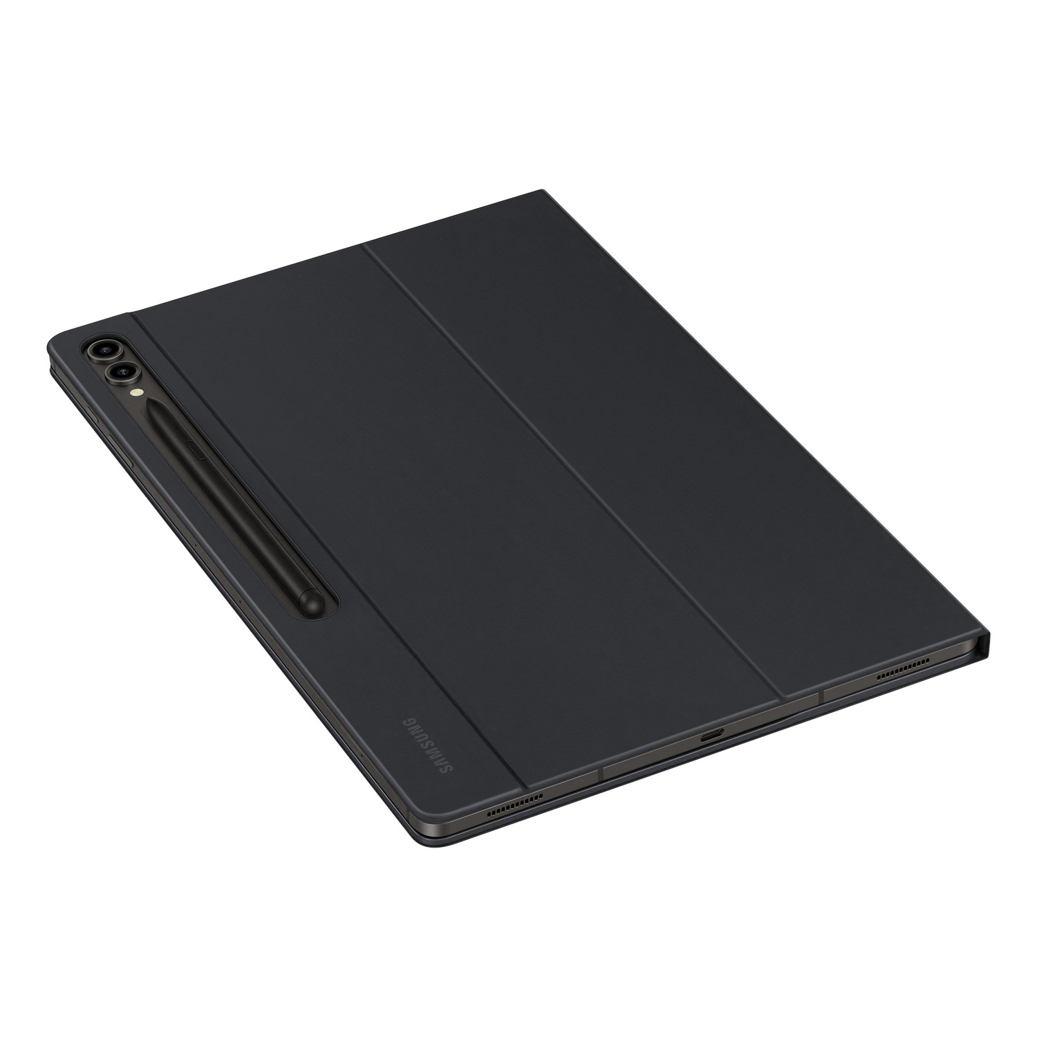 A black tablet with stylus and cover, on a white background.