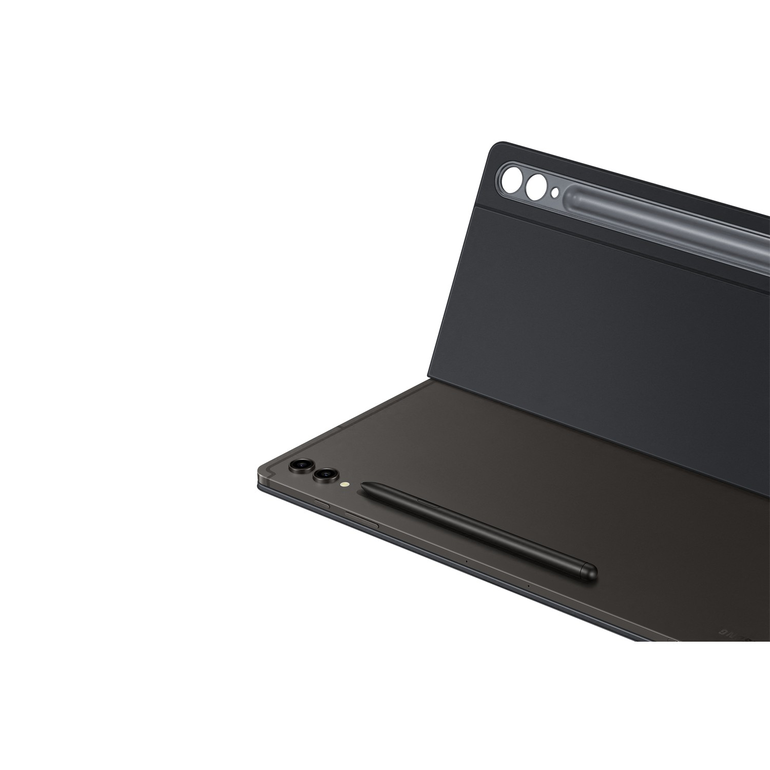 A black tablet with a stylus and case, on a white background.