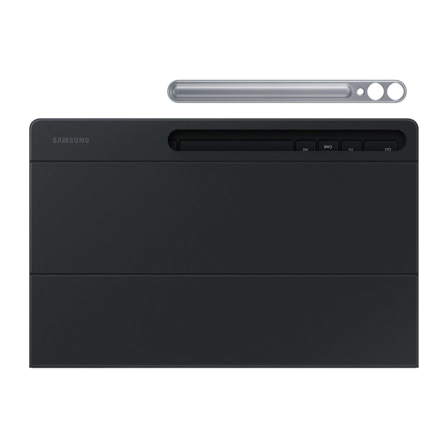 Black Samsung keyboard cover with a silver stylus and keys.