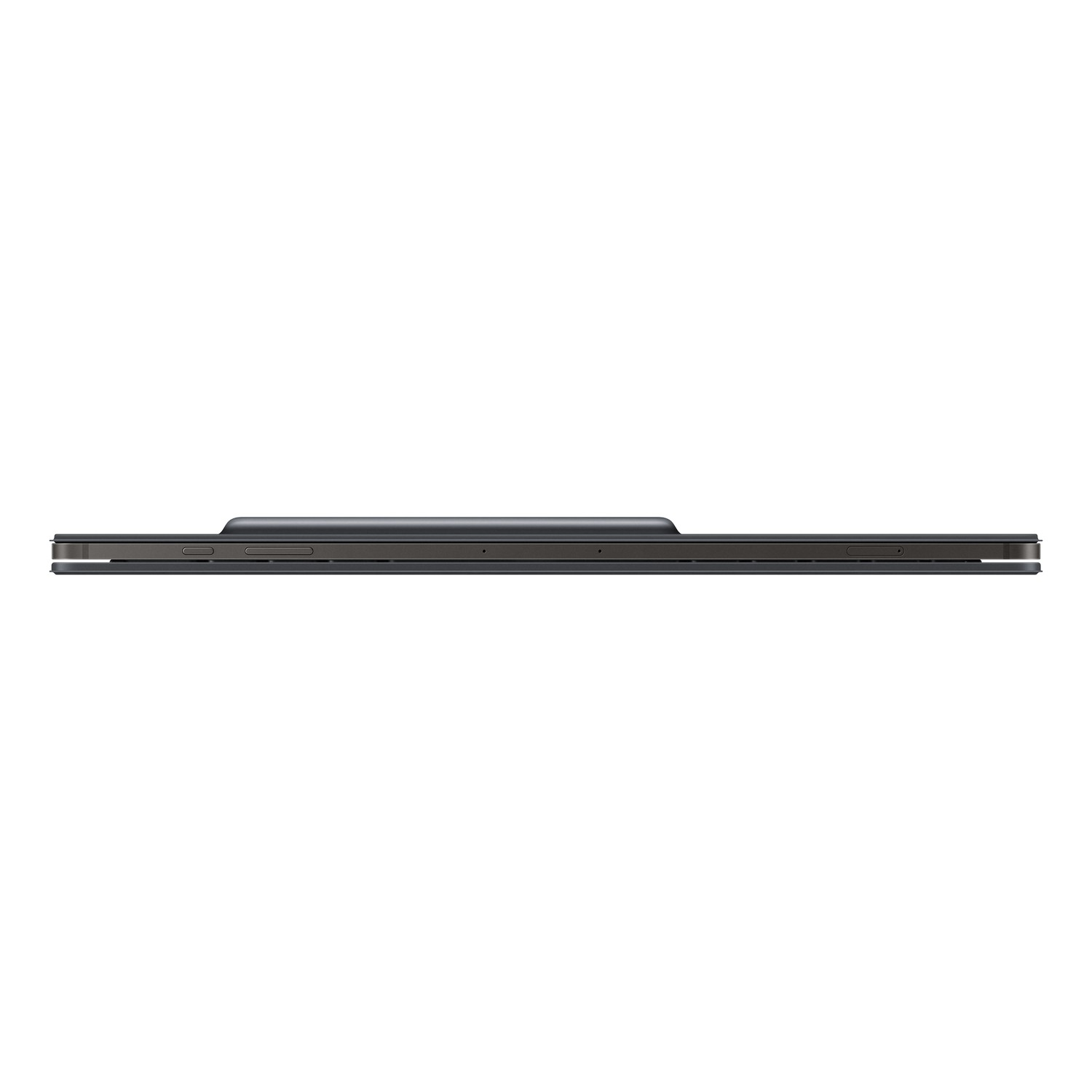 Black tablet with side buttons, on a white background.