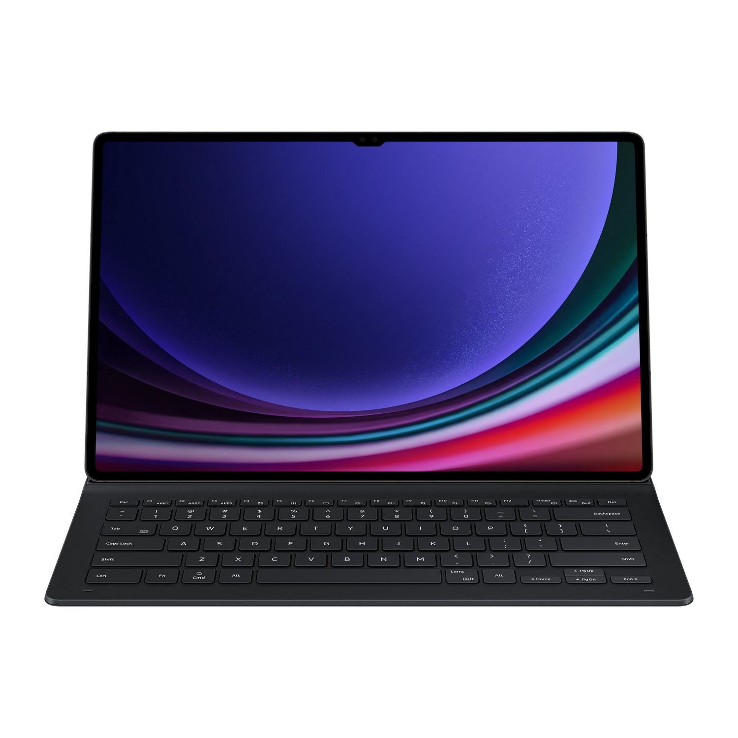 An open tablet with a keyboard stand, featuring a dark gradient background.