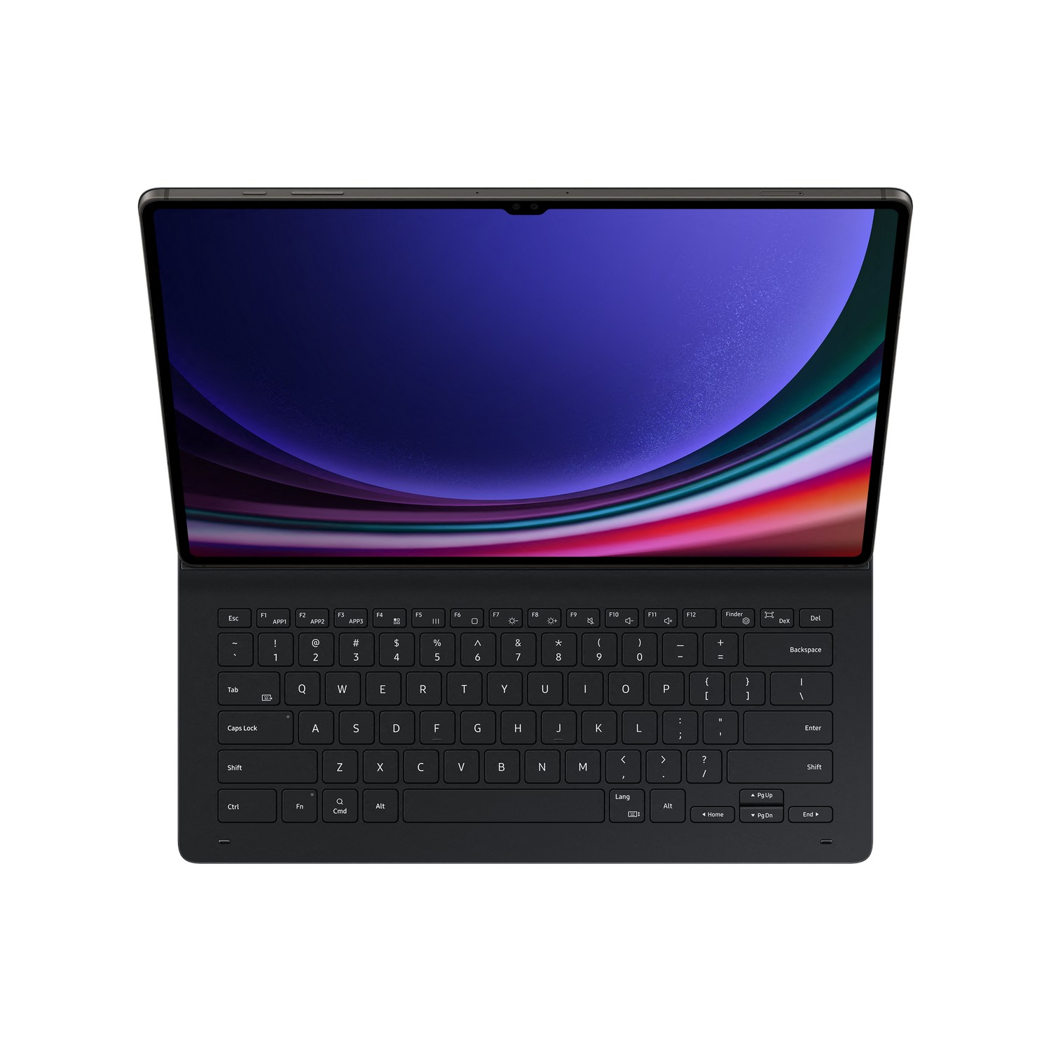An open laptop with a dark keyboard and a colorful wallpaper.