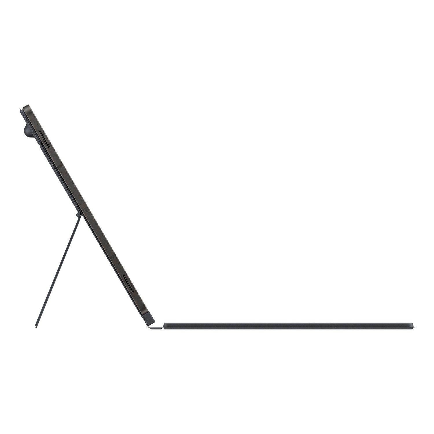 A tablet, angled, with a kickstand and a stylus. The screen is black.