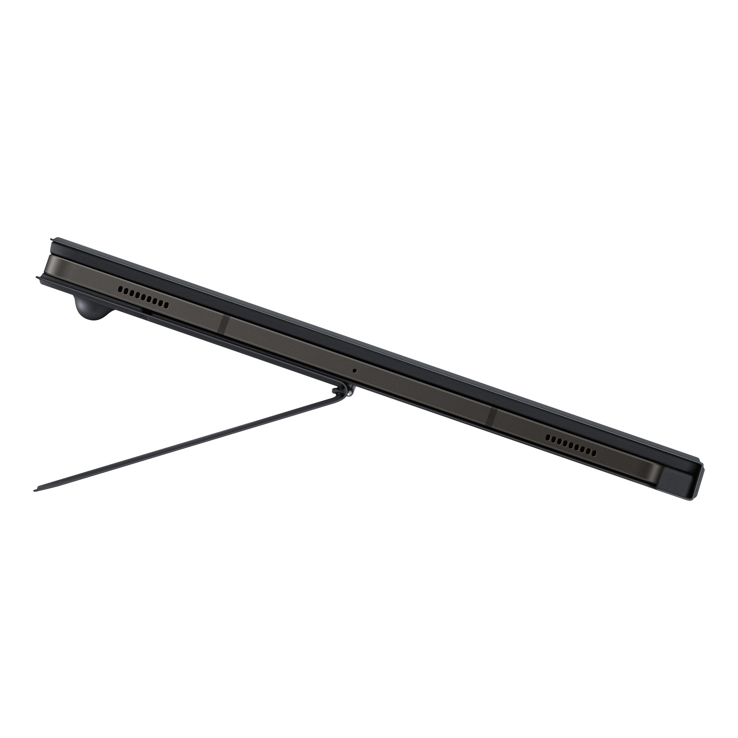 A tablet with a stand, from the side, showing the ports and speakers on the edge.