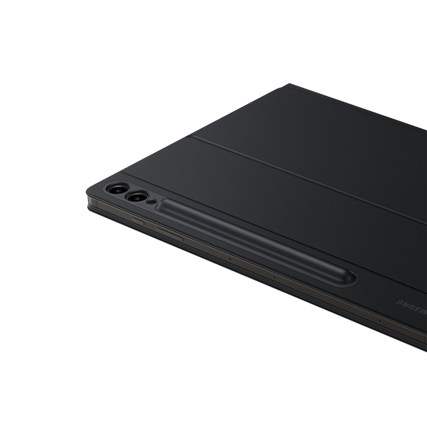 Black tablet with a pen and a Samsung logo. Partially opened and angled.