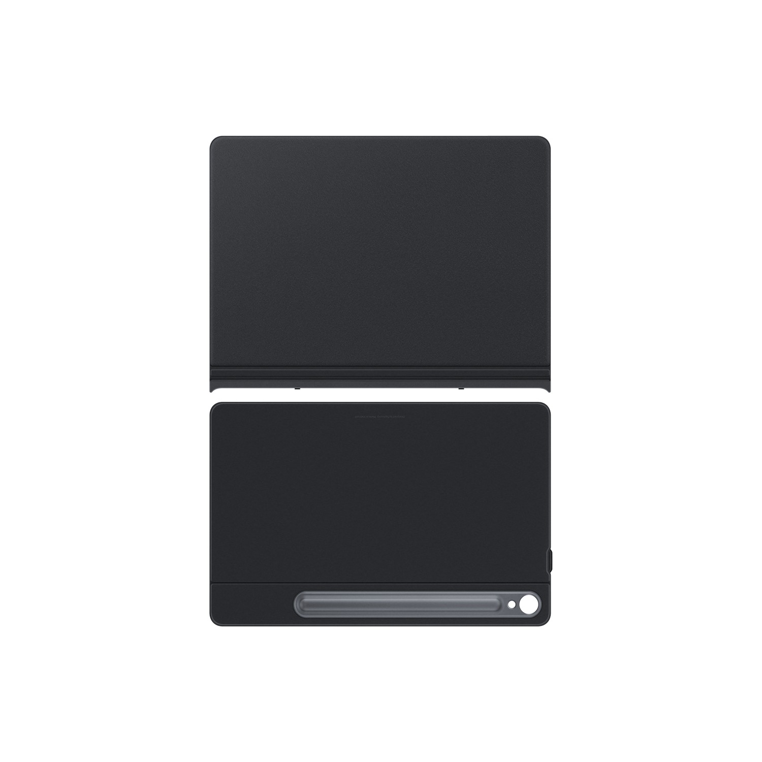 Two black tablet covers, the top one closed and the bottom one open to show the inside.